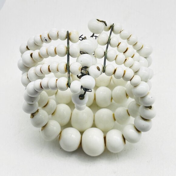 White Milk Glass Bead Cuff Bracelet Four Row Stretch Vintage Statement - Picture 3 of 6